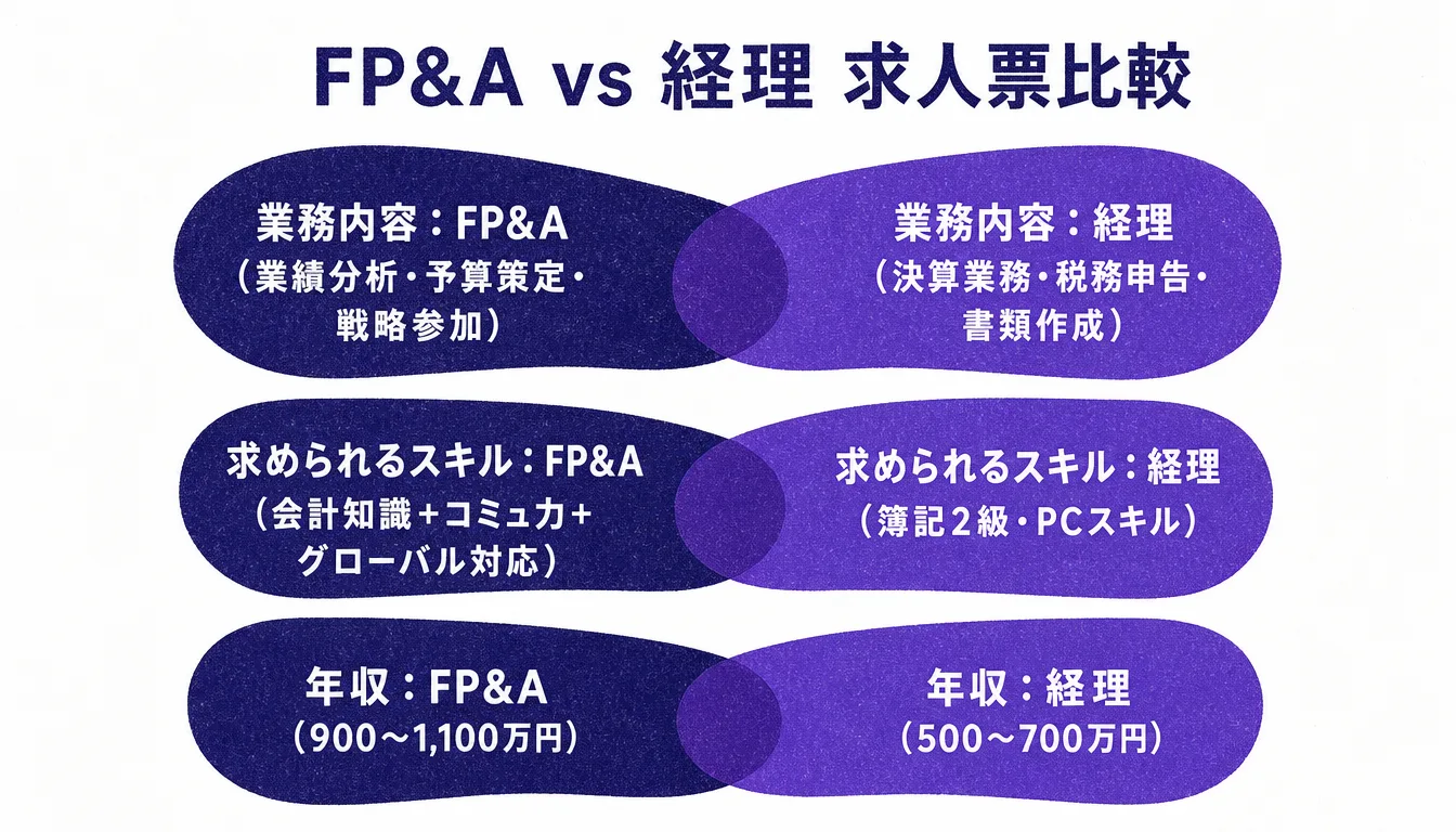 FP&Aと経理の求人票を業務内容・スキル・年収で比較した表