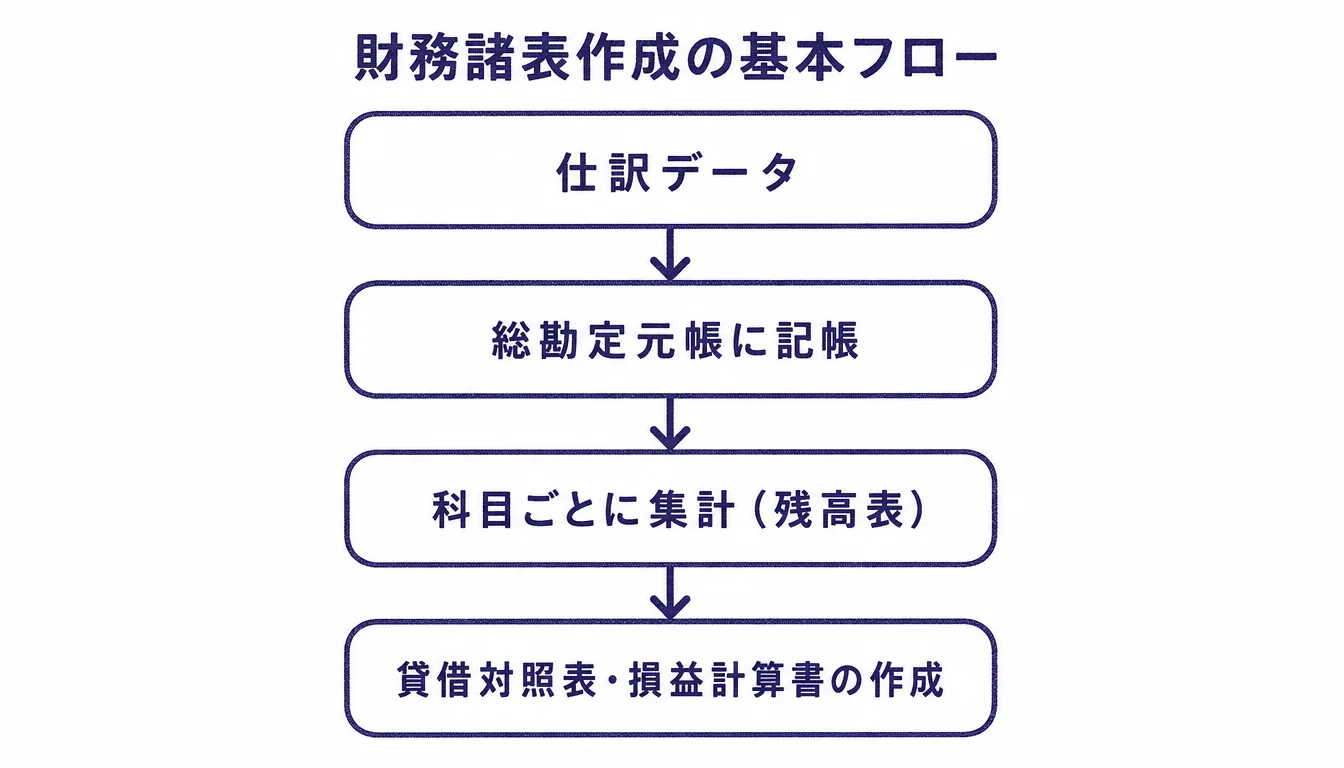 仕訳から財務諸表作成までの流れを示すフローチャート
