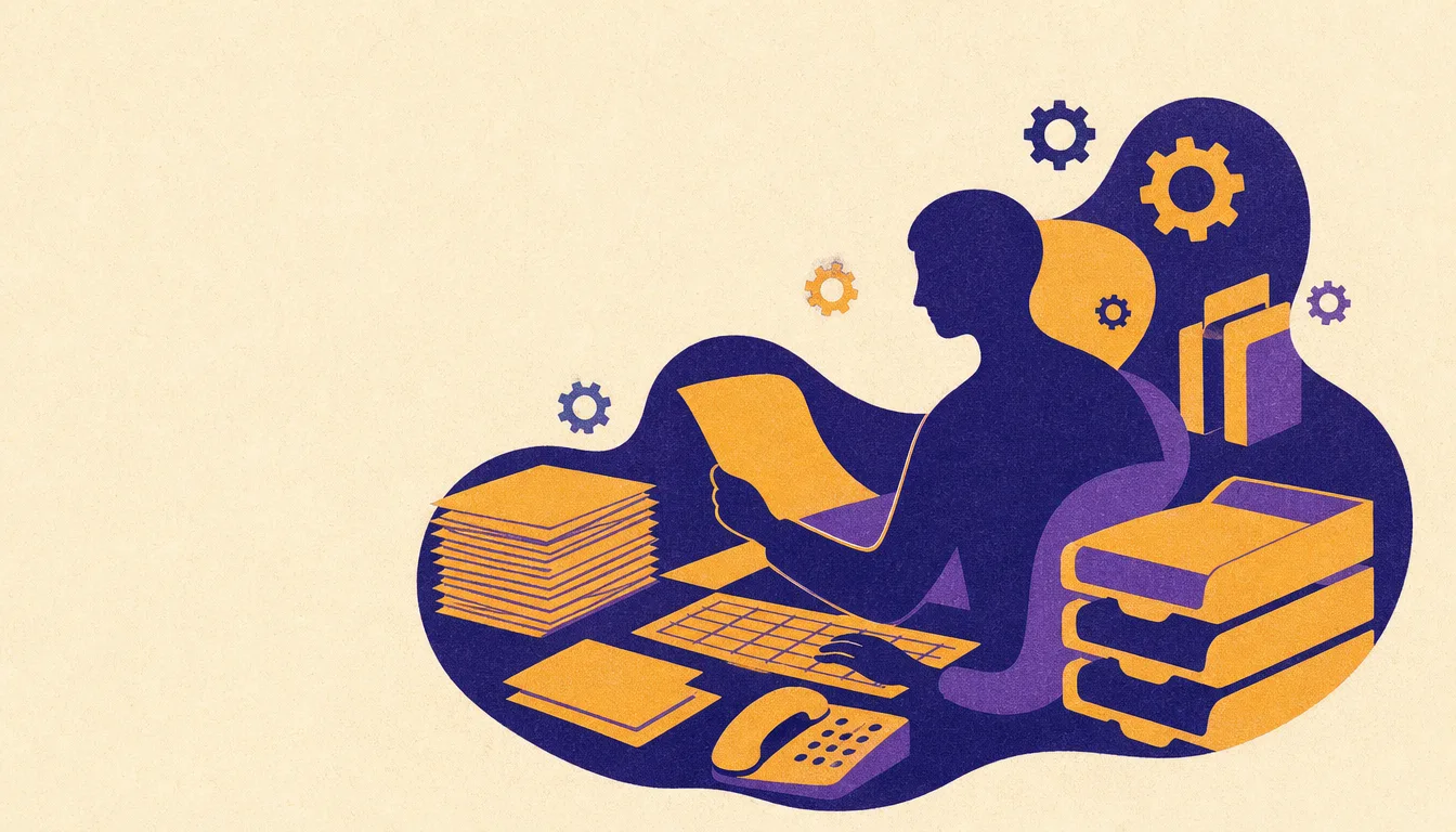営業事務のデータ管理と業務プロセスを象徴する抽象イラスト