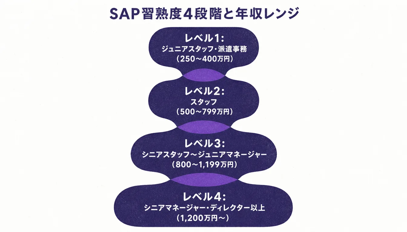 SAP経験レベル1から4と対応する年収レンジの階層図