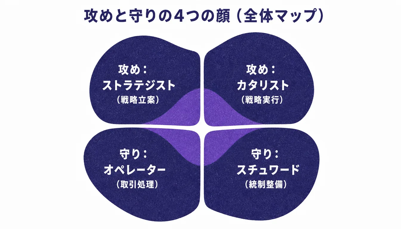 CFOの4つの役割を攻めと守り、戦略と実行の軸で示したマトリクス図