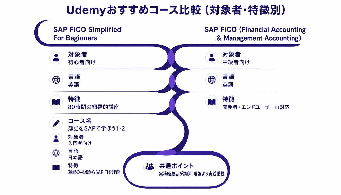 Udemyで紹介された4つのSAP学習コースを対象者と特徴で比較する表